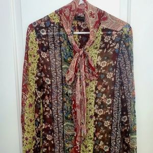 Zara Multicolor Floral Patchwork Tie-Neck Blouse - Brown, Red, Green, Blue